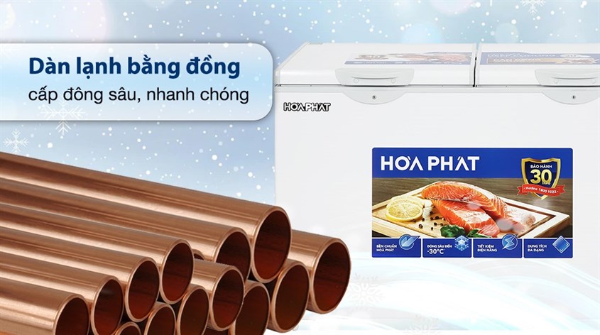 Dàn lạnh bằng đồng trên tủ đông Hoà Phát Inverter 352 lít HPF AD8352 giúp cấp lạnh nhanh và sâu hơn