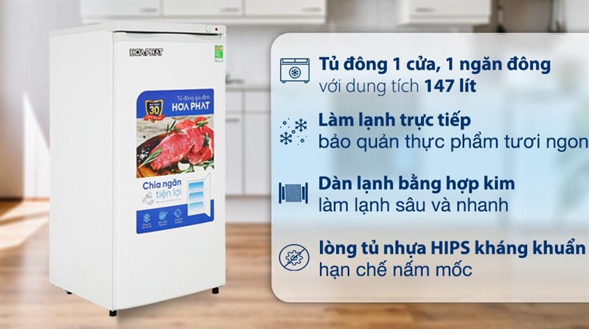 Lòng tủ bằng nhựa HIPS trên tủ đông đứng Hòa Phát 147 Lít HPF UAH6147 có khả năng hạn chế nấm mốc, giữ cho không gian tủ sạch sẽ, an toàn