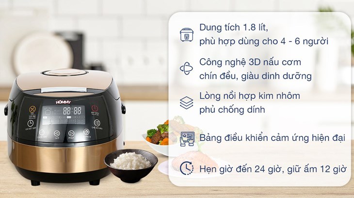 Nồi cơm điện tử Hommy 1.8 lít JS-E50C phù hợp cho gia đình có từ 4 - 6 thành viên sử dụng