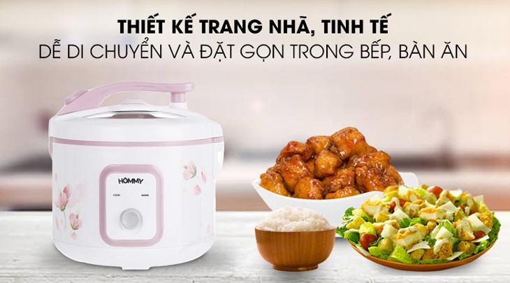 Nồi cơm điện nắp gài Hommy 1.8 lít X2522 có kiểu dáng hiện đại, đơn giản mà cứng cáp với thân nồi màu trắng trang nhã