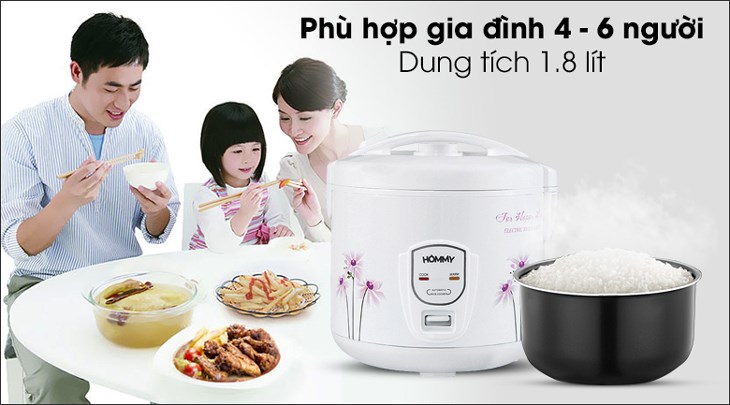 Nồi cơm điện nắp gài Hommy 1.8 lít JRC-180F có dung tích 1.8 lít, phục vụ tốt cho gia đình có từ 4 - 6 thành viên