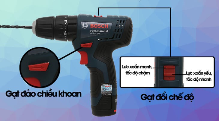 Các nút điều chỉnh chế độ trên máy khoan động lực pin Bosch GSB 120-LI 12V