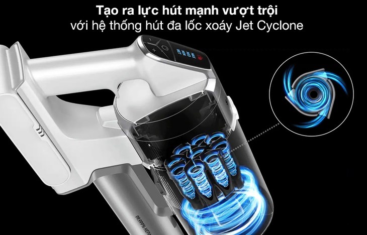 Máy hút bụi không dây Samsung VS15R8544S1/SV có hệ thống hút đa lốc xoáy Jet Cyclone, giúp lọc sạch bụi mịn nhanh chóng