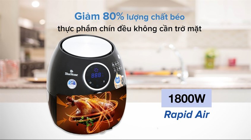 Nồi chiên không dầu BlueStone AFB-5876 5.5 lít với công nghệ Rapid Air hiện đại giảm đến 80% lượng chất béo, đảm bảo sức khỏe người dùng