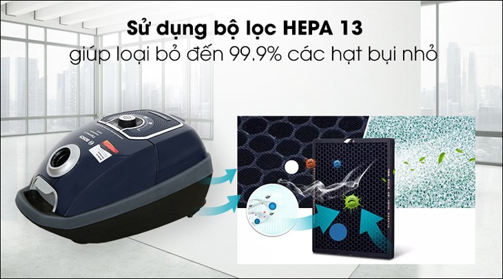 Máy hút bụi dạng hộp Bosch HMH.BGL72294 sử dụng bộ lọc HEPA 13 giúp loại bỏ đến 99.9% các hạt bụi nhỏ, các tác nhân gây dị ứng, bảo vệ không gian sống tốt hơn