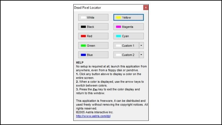 Giao diện phần mềm Dead Pixel Locator với cách sử dụng tương tự trang web Myscreenchecker 