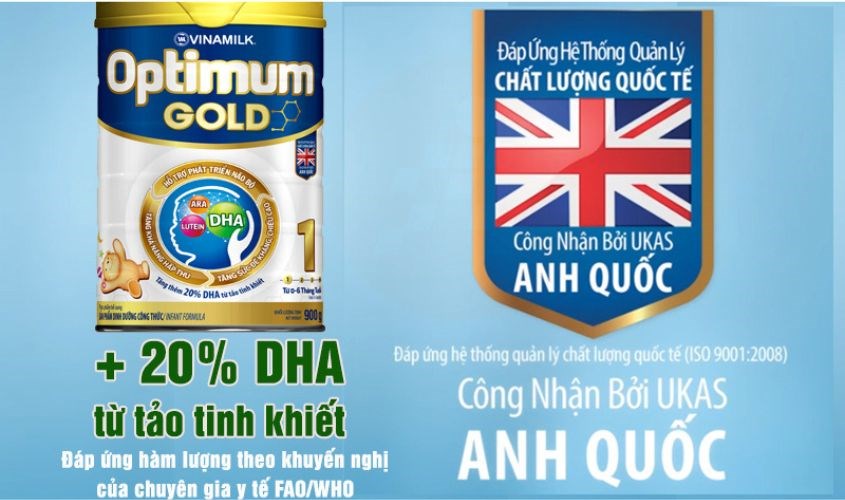 Sữa Optimum Gold 1 800g đã được chứng nhận bởi UKAS Anh Quốc.