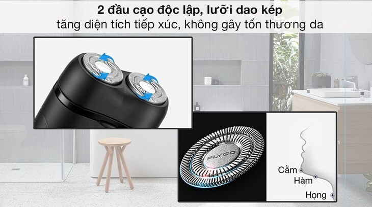 Máy cạo râu khô Flyco FS187VN với 2 đầu cạo độc lập và lưỡi dao kép không gây tổn thương da, phù hợp cho da nhạy cảm