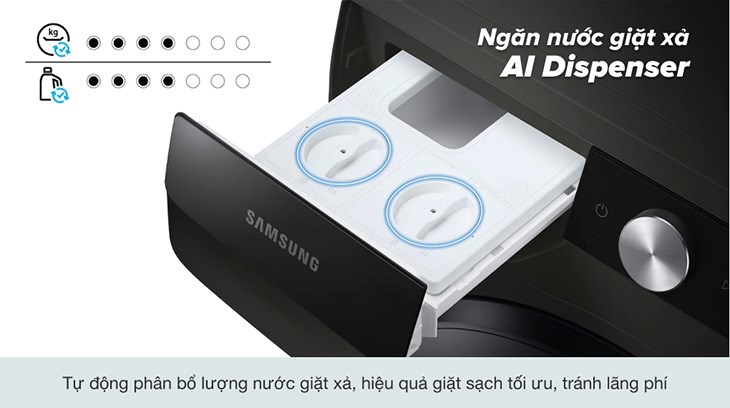 Ngăn nước giặt xả AI Dispenser trên máy giặt Samsung AI Inverter 10kg WW10T634DLX/SV có khả năng tự động cân chỉnh lượng nước giặt và xả tối ưu