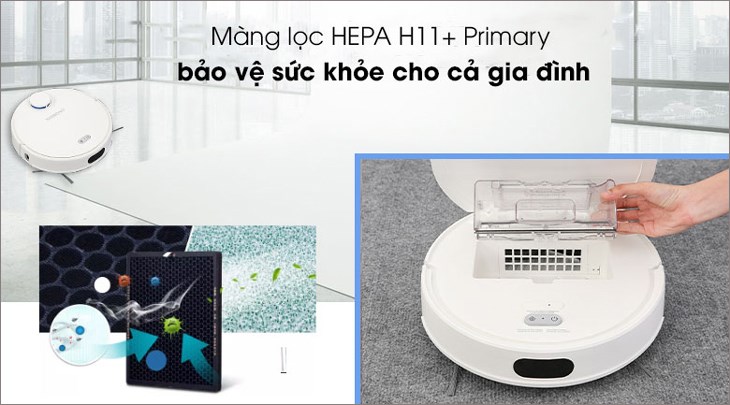 Robot hút bụi lau nhà Shimono ZK902 sử dụng màng lọc HEPA H11+Primary giúp bảo vệ sức khỏe cho cả gia đình