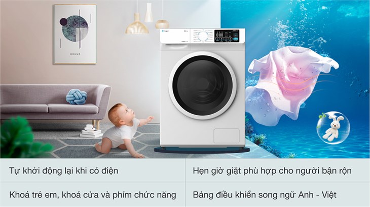 Máy giặt Casper Inverter 9.5 KG WF-95I140BWC tích hợp nhiều tiện ích tự khởi động lại khi có điện, thêm đồ trong khi giặt,... giúp sử dụng tiện lợi hơn