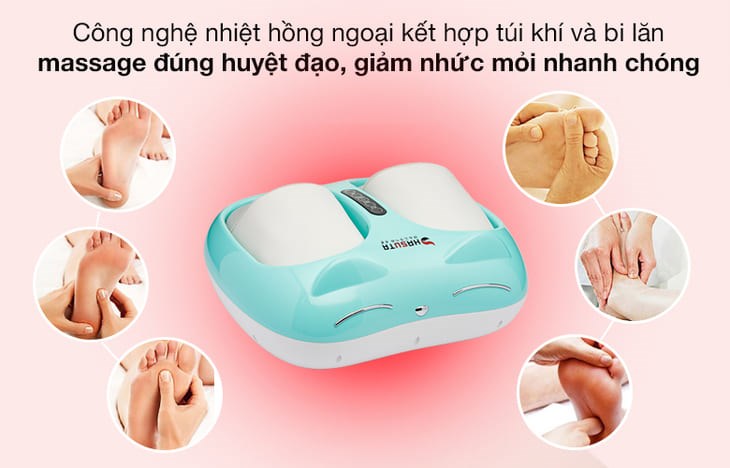 Máy massage chân HASUTA HMF-250 (Màu xanh) sở hữu công nghệ nhiệt hồng ngoại kết hợp hệ thống túi khí và bi lăn giúp massage đúng huyệt đạo