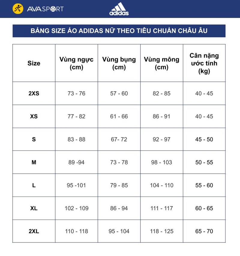 Bảng size áo adidas nữ