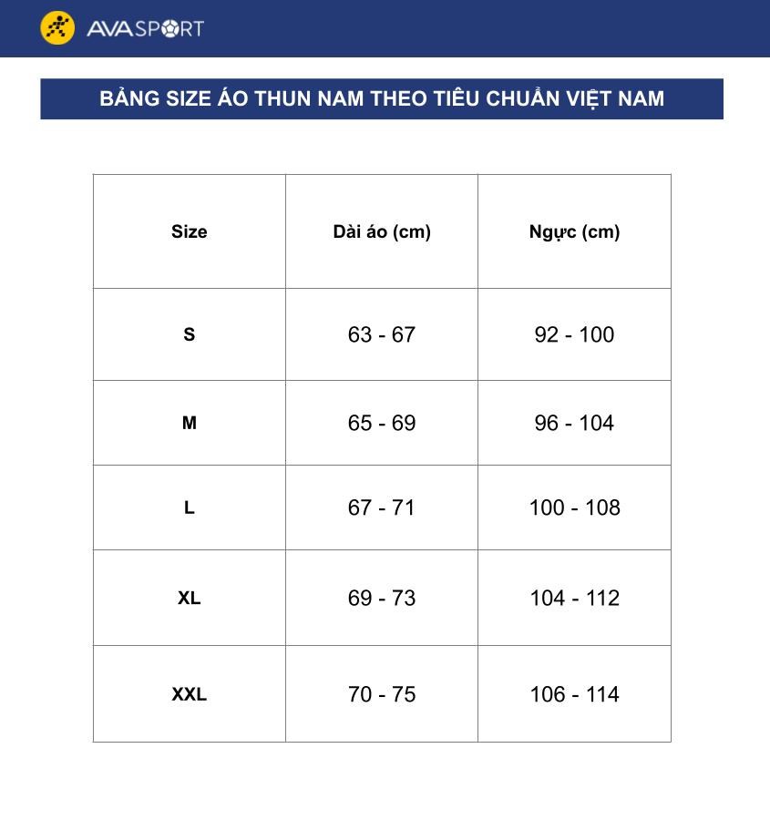 bảng size áo phông nam