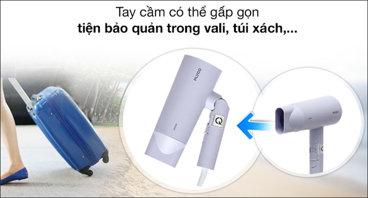 Máy sấy tóc Flyco FH6277VN có kích thước nhỏ gọn, phần tay cầm có thể gấp gọn, giúp bạn cầm nắm và mang theo dễ dàng Máy sấy tóc Flyco FH6277VN có kích thước nhỏ gọn, phần tay cầm có thể gấp gọn, giúp bạn cầm nắm và mang theo dễ dàng