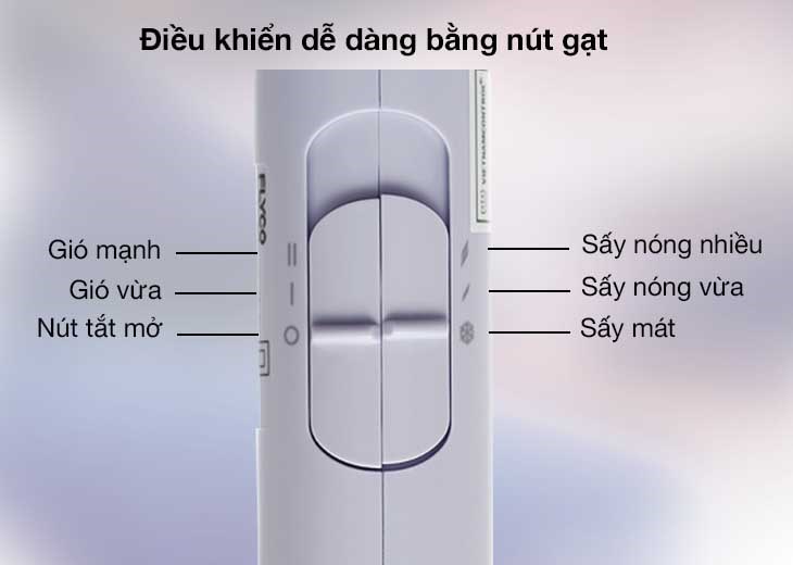 Máy sấy tóc Flyco FH6277VN có thể điều chỉnh bằng nút gạt, giúp bạn dễ dàng điều chỉnh theo nhu cầu của bản thân Bạn có thể điều chỉnh chế độ sấy trên máy sấy tóc Flyco FH6277VN qua điều khiển nút gạt đơn giản