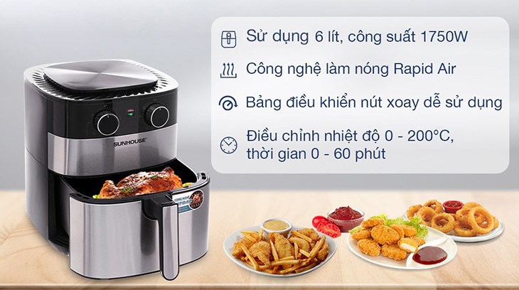 Nồi chiên không dầu Sunhouse SHD4026 6 lít hỗ trợ mẹ và các thành viên thực hiện các món chiên rán ít dầu mỡ bằng công nghệ làm nóng Rapid Air Nồi chiên không dầu Sunhouse SHD4026 6 lít hỗ trợ mẹ và các thành viên thực hiện các món chiên rán ít dầu mỡ bằng công nghệ làm nóng Rapid Air