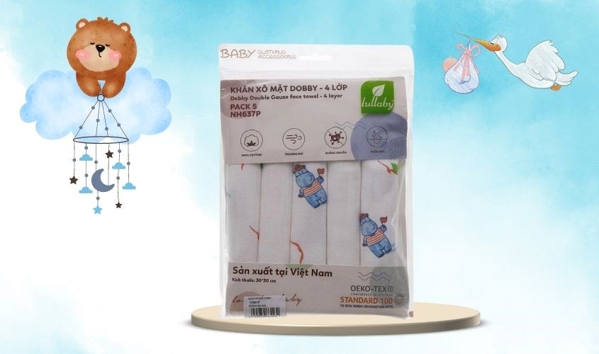 5 khăn sữa cotton Dobby Lullaby NH637P 4 lớp 30x30 cm - Màu trắng hà mã