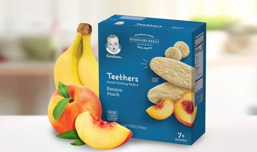 Bánh gạo Gerber Teethers vị chuối, đào hộp 48g (từ 7 tháng)