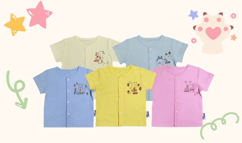 Áo tay ngắn cổ tim màu in thú BabyMommy TN - Màu ngẫu nhiên
