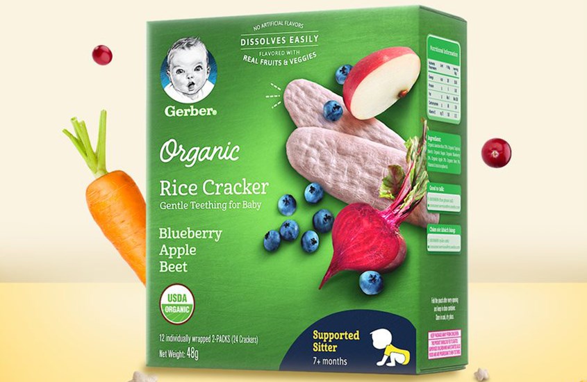 Bánh gạo hữu cơ Gerber Organic Rice Cracker vị việt quất, táo và củ dền hộp 48g