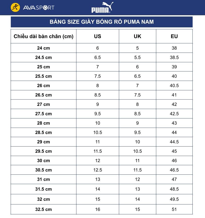 Bảng size giày bóng rổ Puma nam