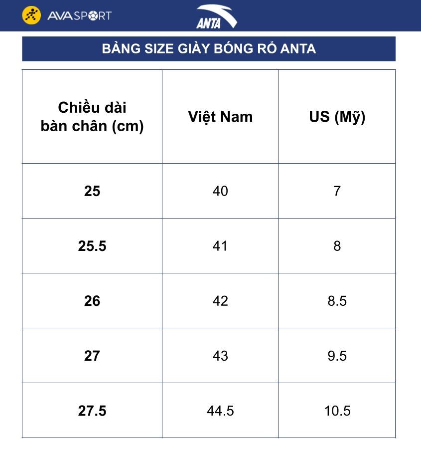 Bảng size giày bóng rổ Anta