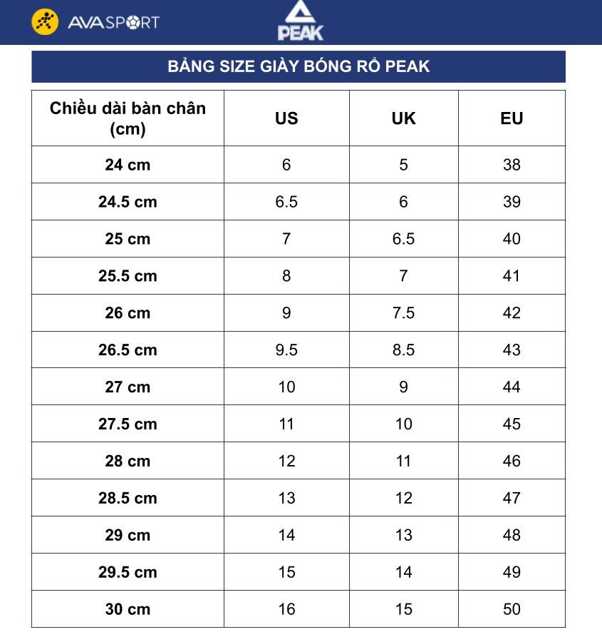 Bảng size giày bóng rổ Peak