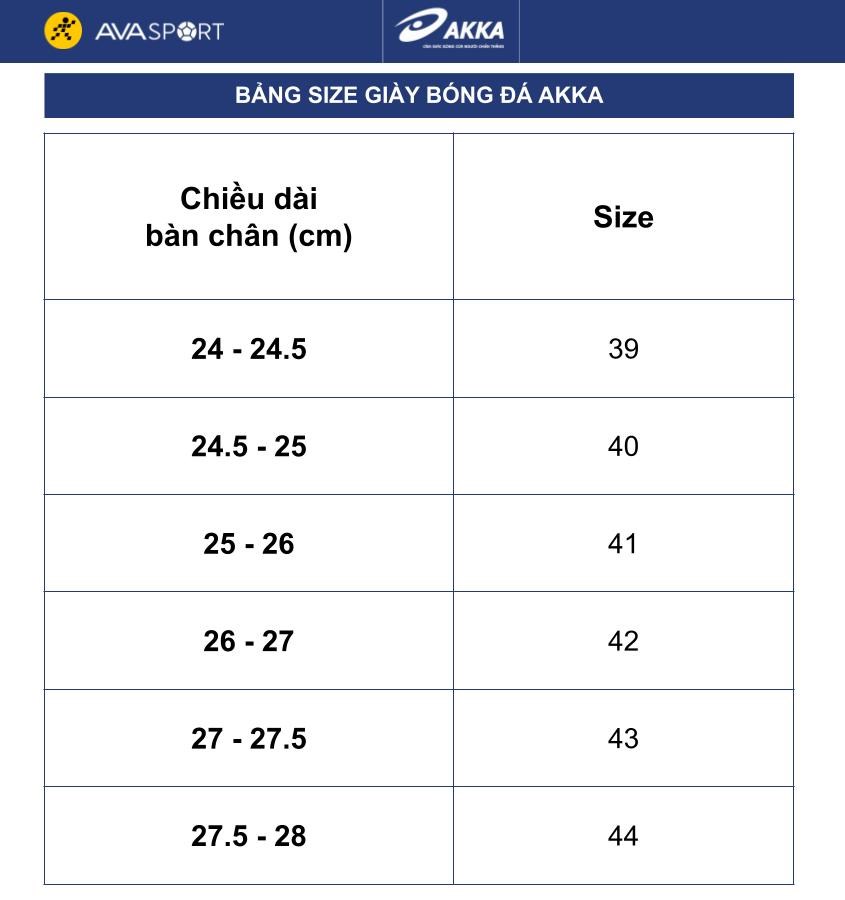 Bảng size giày đá bóng Akka