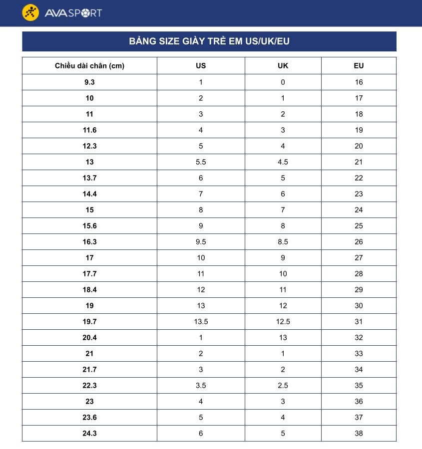 Bảng size giày trẻ em US/UK/EU