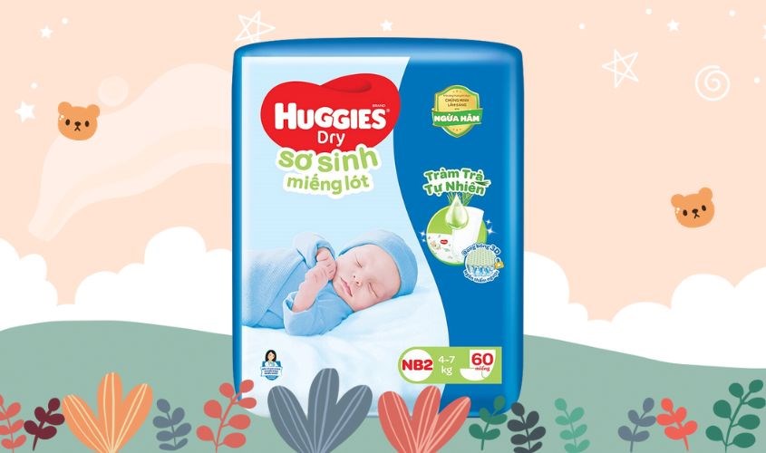 Miếng lót Huggies Dry size NB2 60 miếng (4 - 7 kg) với công nghệ 1000 phễu siêu thấm giúp da bé luôn khô thoáng