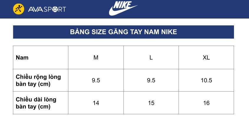 Bảng size găng tay Nike cho nam