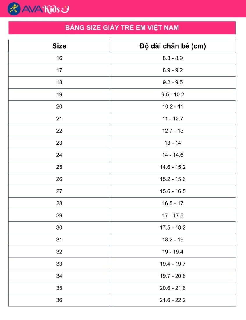 Bảng size giày trẻ em Việt Nam, Quốc tế theo độ tuổi chuẩn nhất