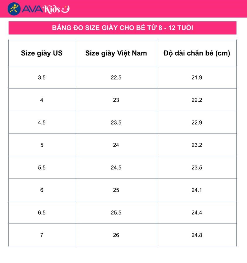 Bảng đo size giày cho bé từ 8 - 12 tuổi