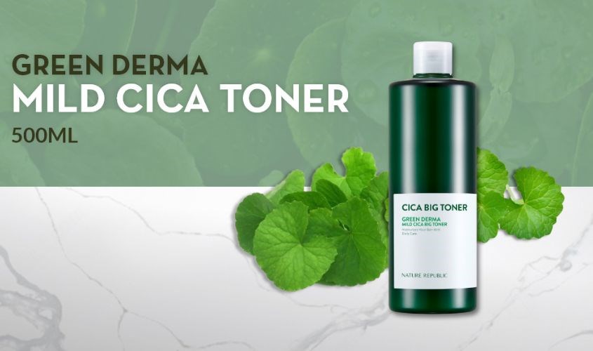 Toner cấp ẩm làm dịu da Nature Republic Green Derma Mild Cica chiết xuất Rau Má và Keo Ong 500 ml