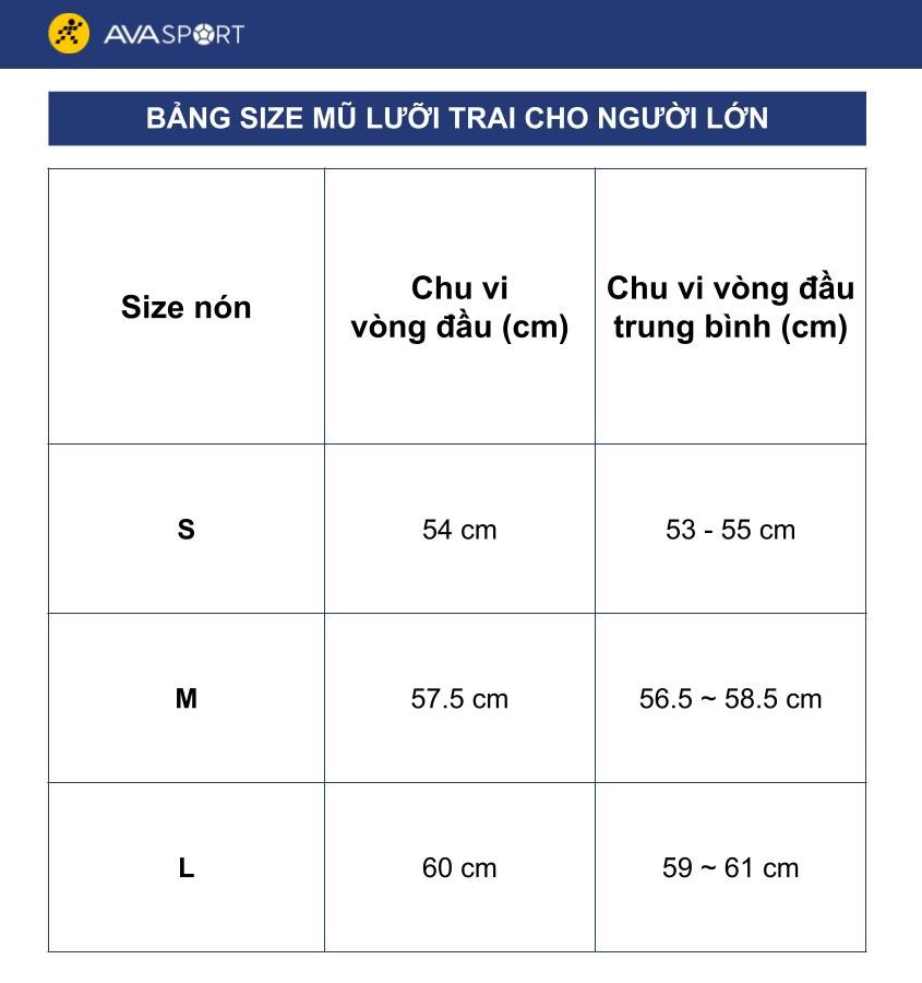 Bảng size mũ lưỡi trai cho người lớn