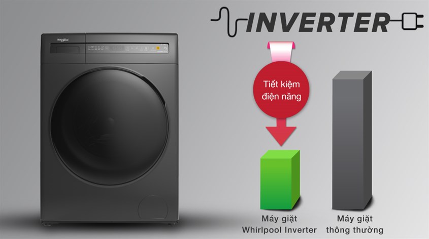 Máy giặt sấy Whirlpool Inverter 10.5 kg WWEB10702FG sử dụng động cơ Inverter có khả năng vận hành êm ái, ổn định