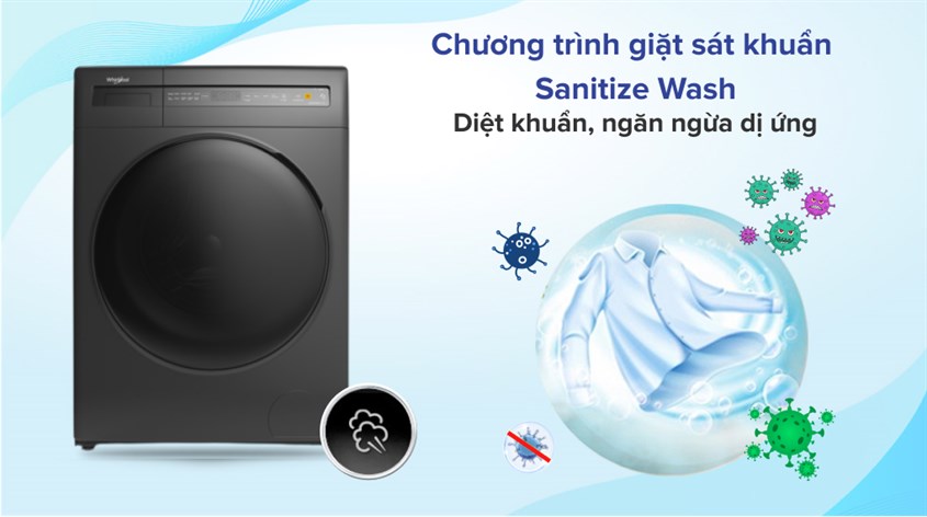 Công nghệ Sanitize Wash được trang bị trên máy giặt Whirlpool Inverter 10.5 kg FWEB10502FG khử các tác nhân gây dị ứng như phấn hoa, vi khuẩn,...