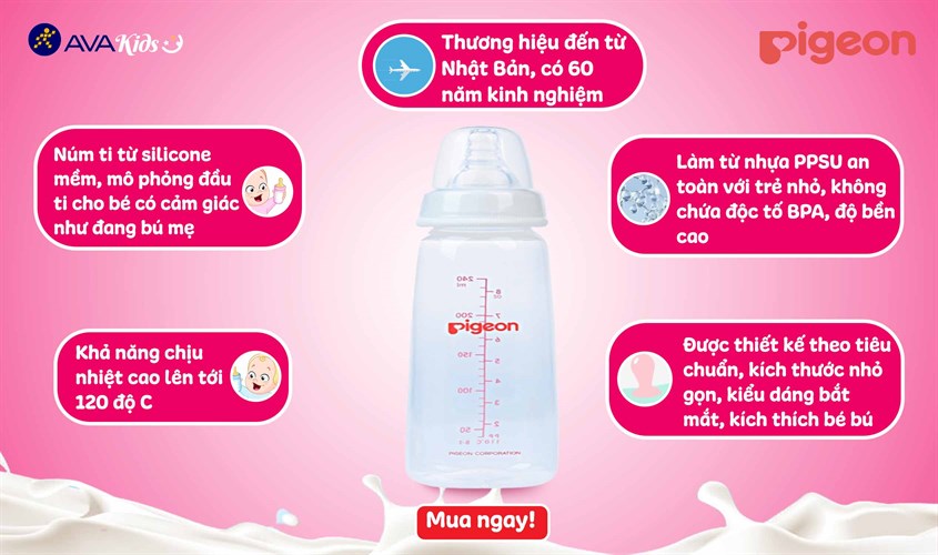 Bình sữa nhựa PP Pigeon cổ hẹp 240 ml (4 - 6 tháng)