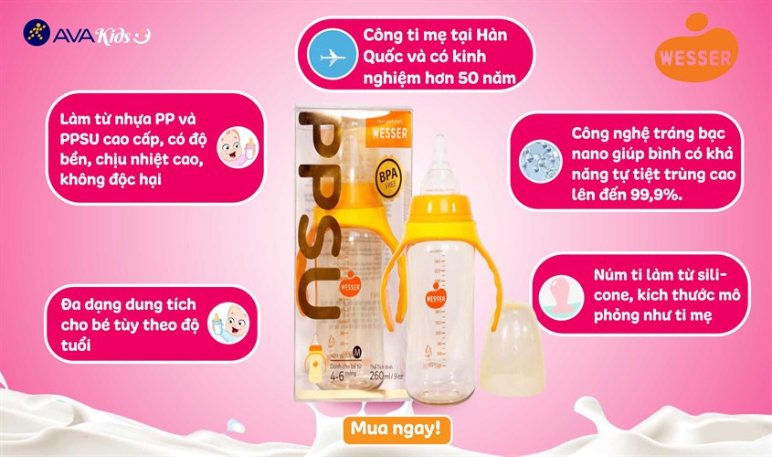 Bình sữa nhựa PPSU Wesser TBSWPP260 cổ rộng 260 ml (4 - 6 tháng)