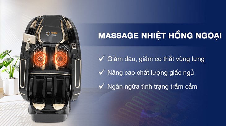 Ghế Massage Airbike Sport MK-337 được trang bị massage nhiệt hồng ngoại giúp giảm nhanh cơn đau, cơn co thắt tại vùng thắt lưng