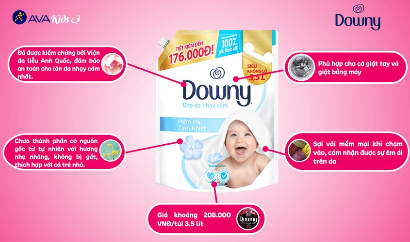 Nước xả Downy mềm mại tinh khiết túi 3.5 lít có hương thơm nhẹ nhàng