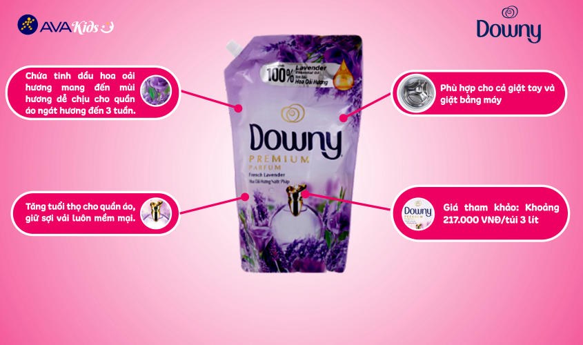 Nước xả Downy Premium Parfum hương hoa oải hương túi 3 lít làm vải mềm mại hơn mỗi lần giặt