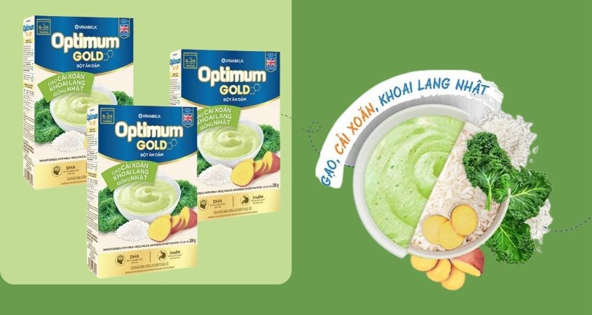 Bột ăn dặm Optimum Gold gạo, cải xoăn và khoai lang hộp 200g (6 - 24 tháng)