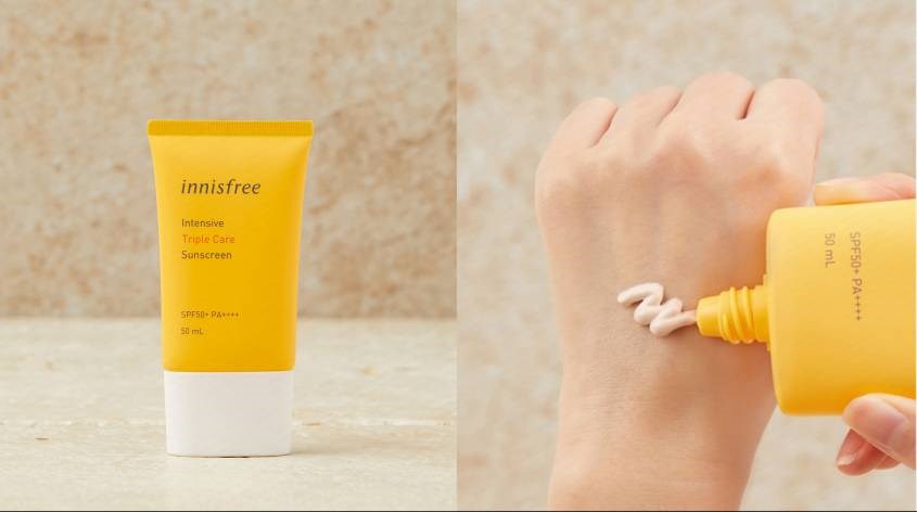 Innisfree Intensive Triple Care Sunscreen SPF50+ Pa++++  có dạng sữa mềm mịn, dễ dùng, không gây nhờn rít, vệt trắng