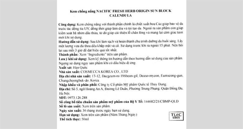 Thành phần kem chống nắng Nacific Fresh Herb SPF 50+ PA++++ 50 ml