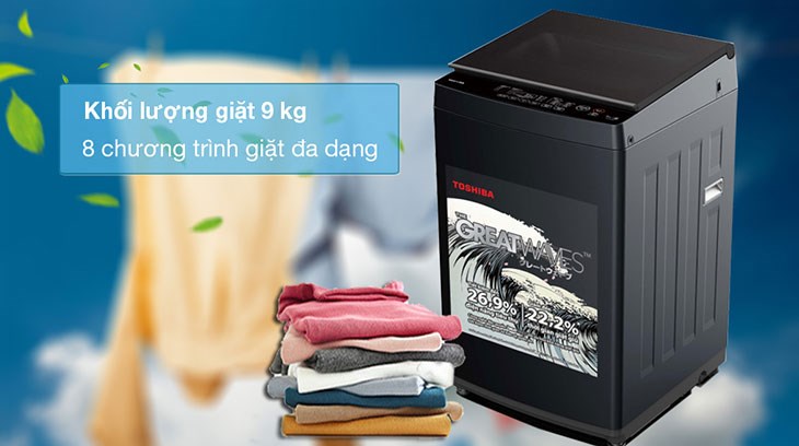 Máy giặt Toshiba 9 kg AW-M1000FV(MK) sở hữu khối lượng giặt khoảng 9 kg, phù hợp cho gia đình từ 4 - 5 người