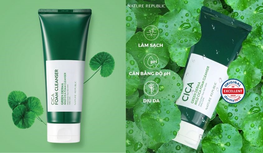 Sữa rửa mặt chiết xuất Keo Ong và Rau Má Nature Republic Green Derma Mild Cica 150 ml