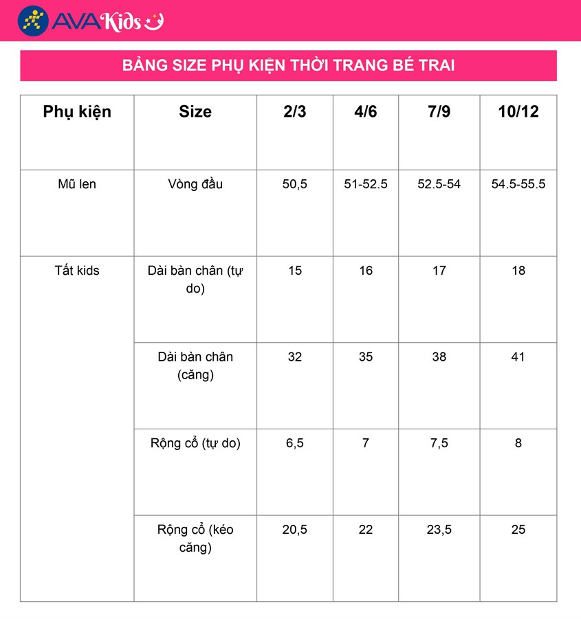 Bảng size phụ kiện thời trang bé trai