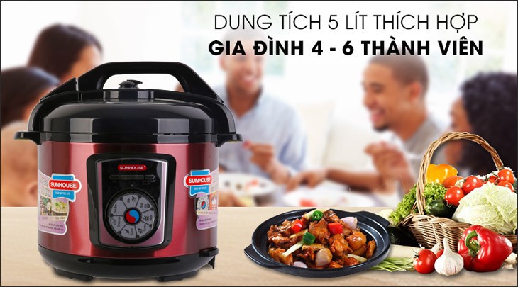 Nồi áp suất điện Sunhouse SHD1755 5 lít có dung tích 5 lít, thích hợp sử dụng cho gia đình có 4 - 6 thành viên